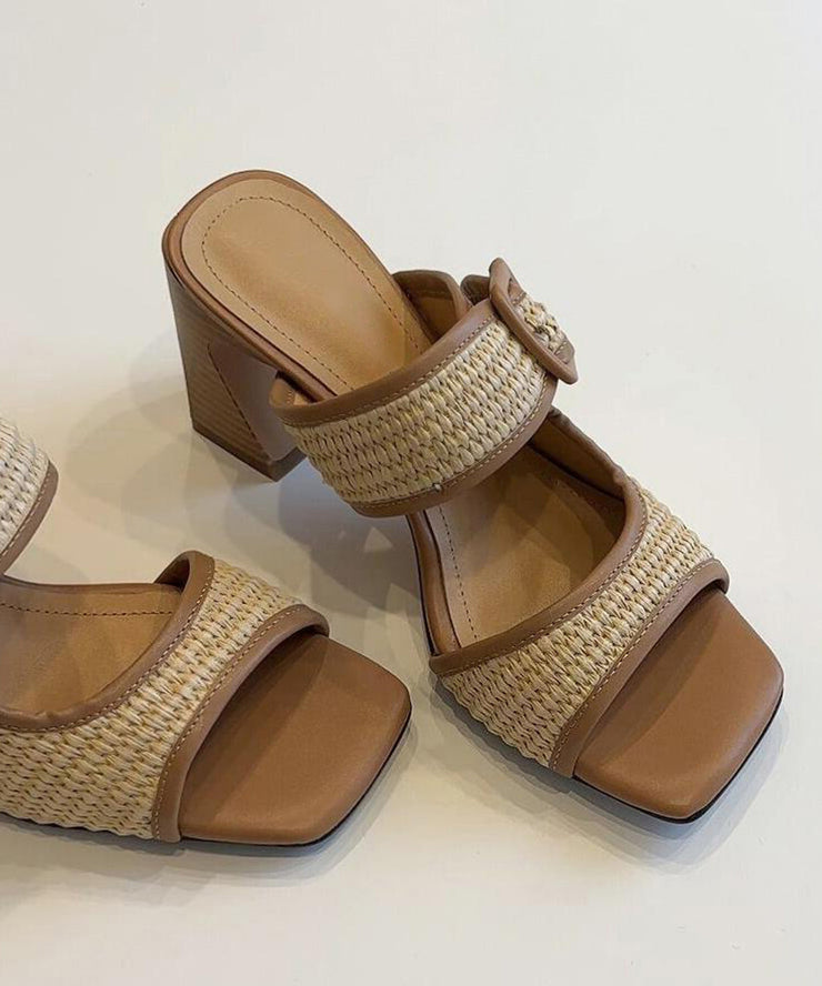 Chic Splicing Chunky Heel Brown Faux Leather Slide Sandals