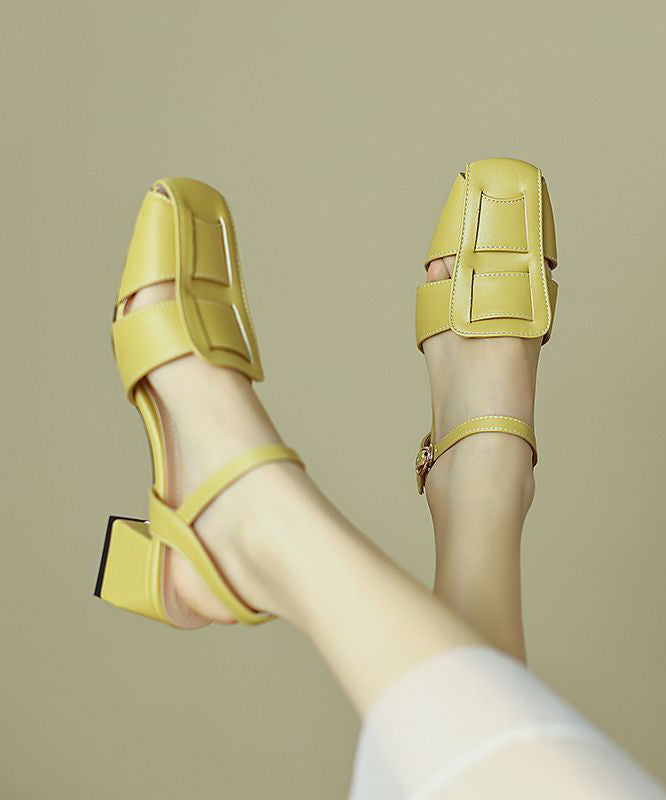 Chic Splicing Chunky Heel Sandals Yellow Faux Leather