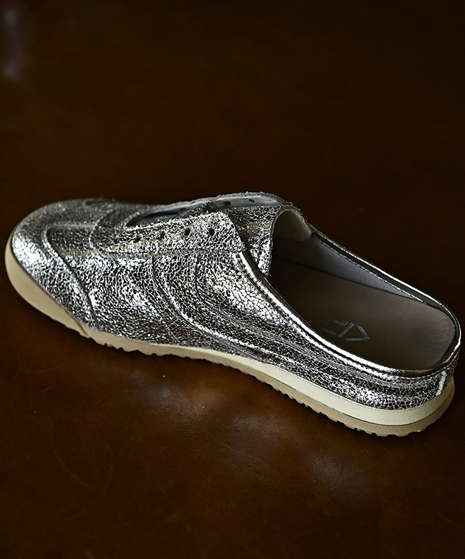 Chic Splicing Wedge Silver Cowhide Leather Slide Sandals