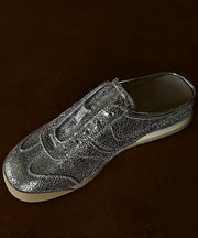 Chic Splicing Wedge Silver Cowhide Leather Slide Sandals
