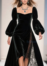 Chic Square Collar Lace Patchwork Velvet Ankle Dress Fall