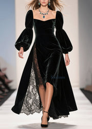 Chic Square Collar Lace Patchwork Velvet Ankle Dress Fall