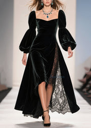 Chic Square Collar Lace Patchwork Velvet Ankle Dress Fall