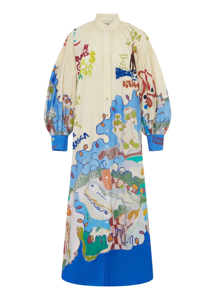 Chic Stand Collar Print Button Long Dress Lantern Sleeve