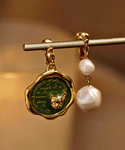 Chic Sterling Silver Overgild Pearl Kitten Asymmetrical Drop Earrings