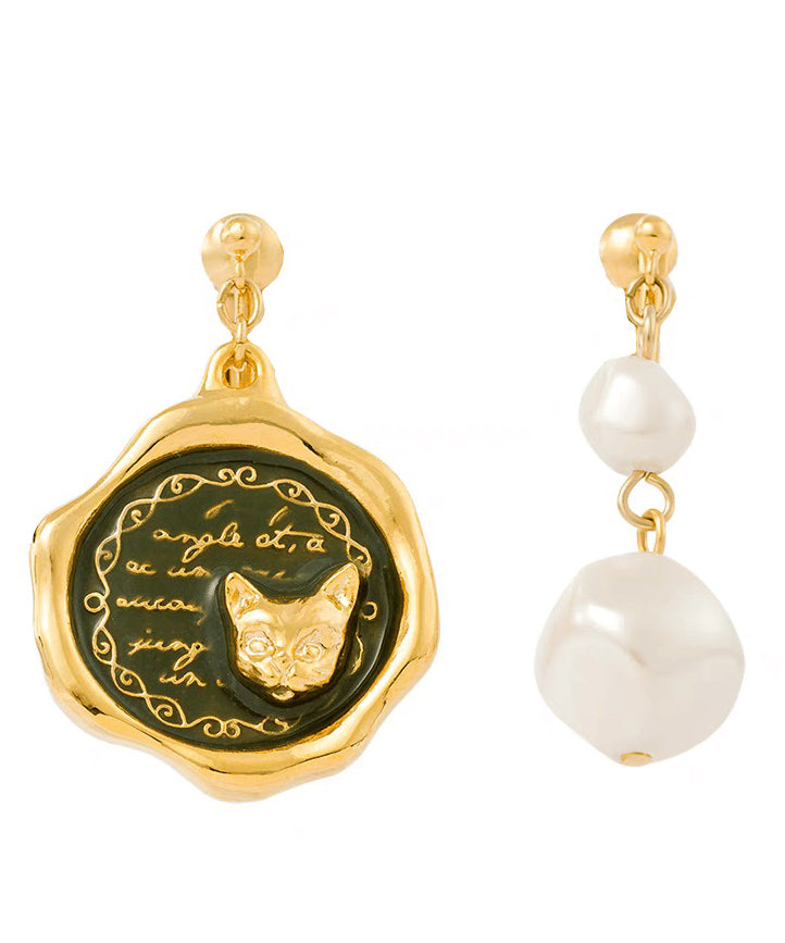 Chic Sterling Silver Overgild Pearl Kitten Asymmetrical Drop Earrings
