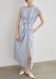 Chic Striped Hollow Out Side Open Cotton Long Dress Sleeveless