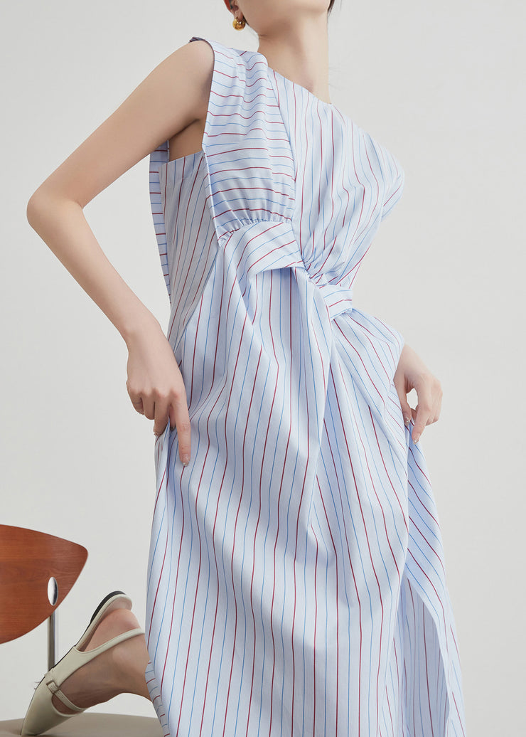 Chic Striped Hollow Out Side Open Cotton Long Dress Sleeveless