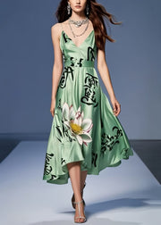 Chic Tea Green Print Silk Spaghetti Strap Dress Summer