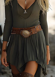 Chic V Neck Asymmetrical Design Patchwork Cotton Mid Dress Long Sleeve