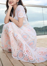 Chic V Neck Hollow Out Linen Long Dress Summer
