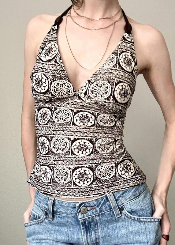 Chic V Neck Print Backless Lace Up Cotton Tank Sleeveless