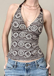 Chic V Neck Print Backless Lace Up Cotton Tank Sleeveless