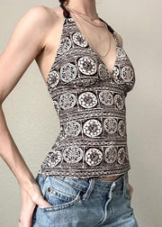 Chic V Neck Print Backless Lace Up Cotton Tank Sleeveless