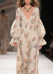 Chic V Neck Print Patchwork Cotton Long Dresses Fall