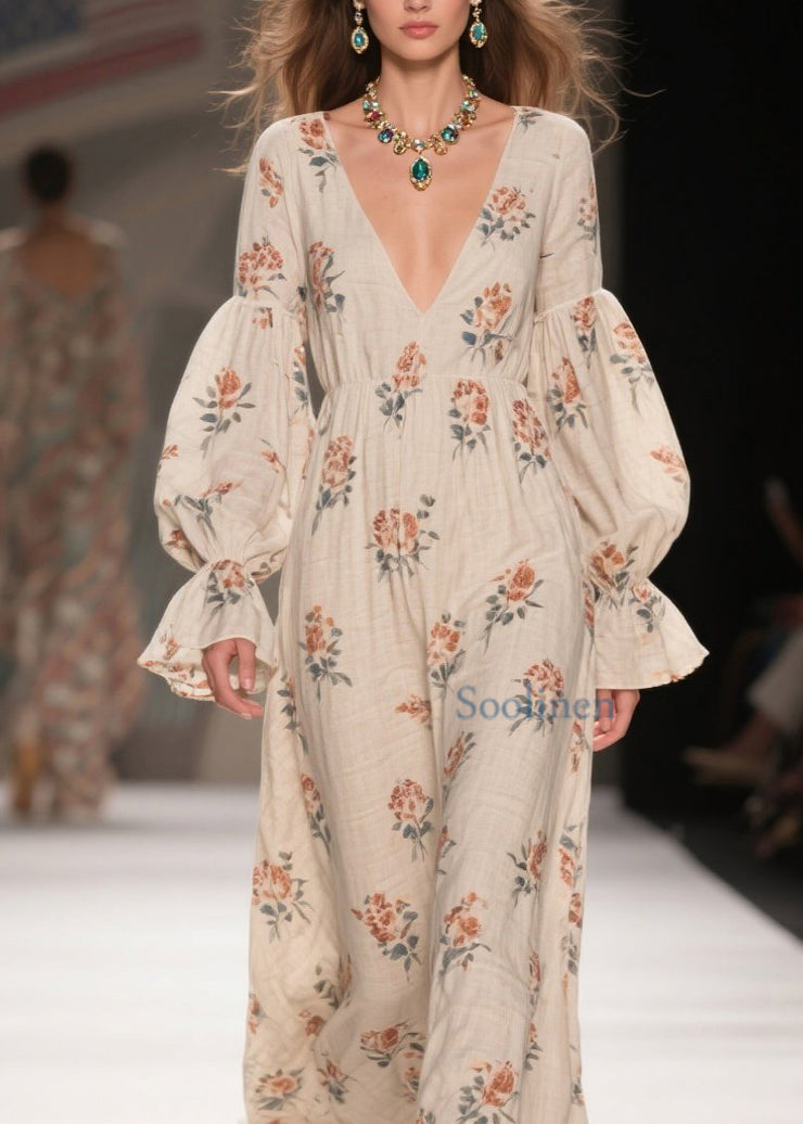 Chic V Neck Print Patchwork Cotton Long Dresses Fall