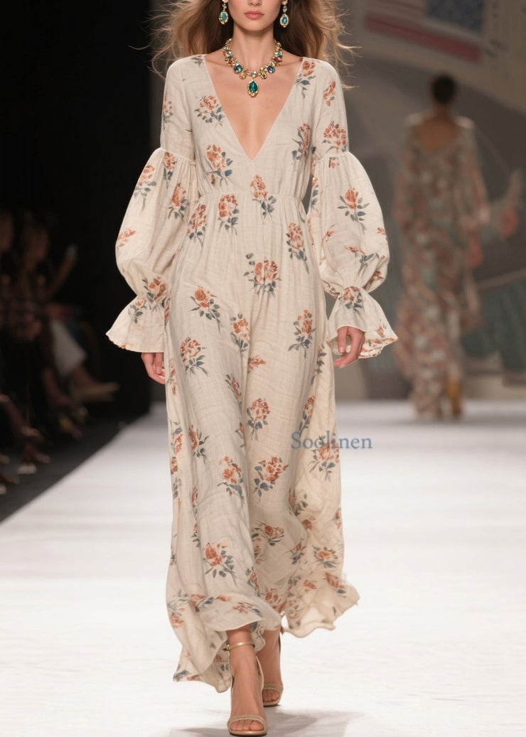 Chic V Neck Print Patchwork Cotton Long Dresses Fall