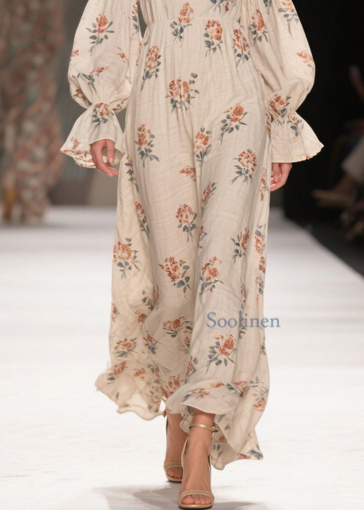 Chic V Neck Print Patchwork Cotton Long Dresses Fall