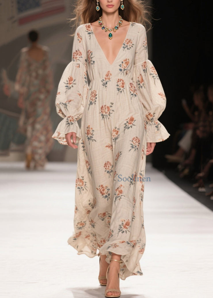 Chic V Neck Print Patchwork Cotton Long Dresses Fall