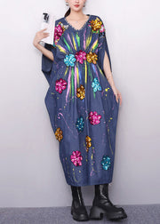 Chic Vibrant Floral Pattern Navy Denim Dress Zircon Accents
