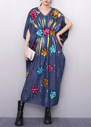 Chic Vibrant Floral Pattern Navy Denim Dress Zircon Accents