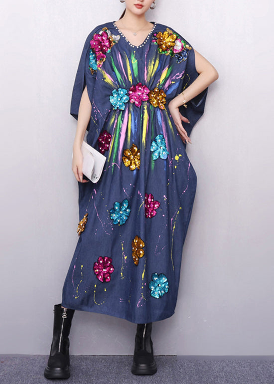 Chic Vibrant Floral Pattern Navy Denim Dress Zircon Accents