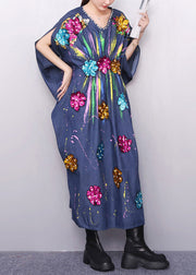 Chic Vibrant Floral Pattern Navy Denim Dress Zircon Accents