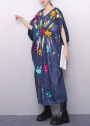 Chic Vibrant Floral Pattern Navy Denim Dress Zircon Accents