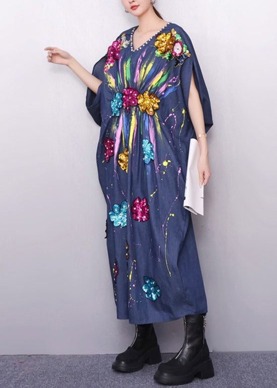 Chic Vibrant Floral Pattern Navy Denim Dress Zircon Accents