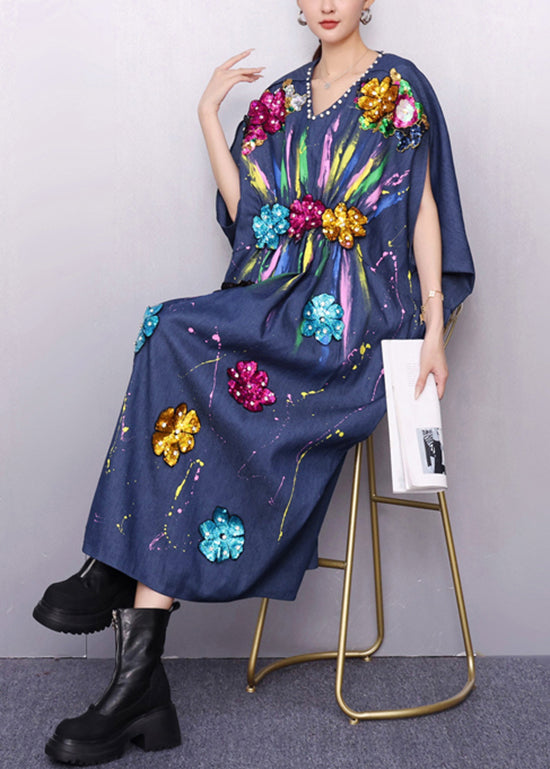 Chic Vibrant Floral Pattern Navy Denim Dress Zircon Accents