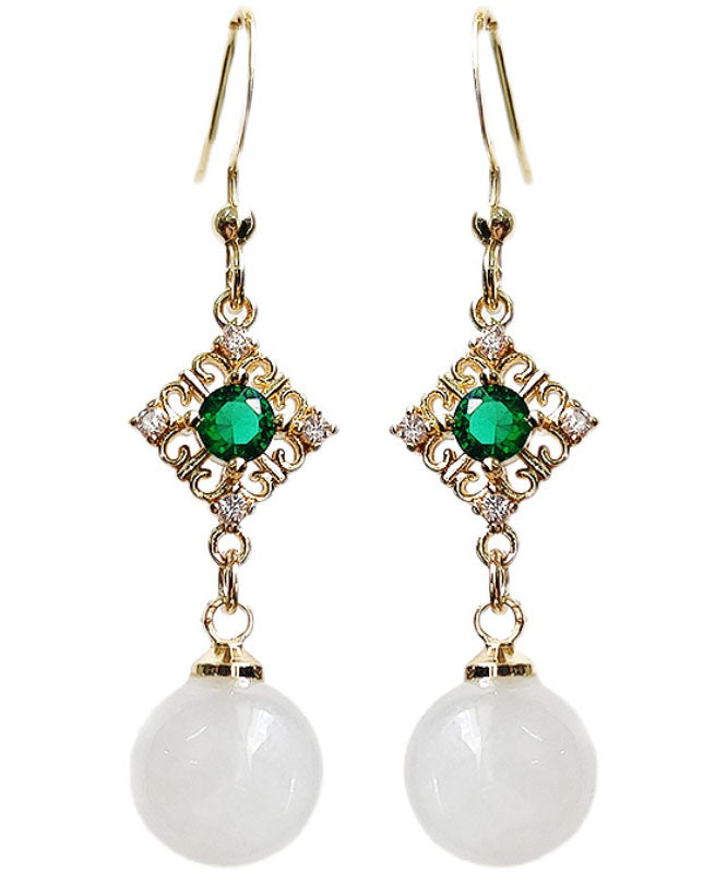 Chic White 14K Gold Inlaid Gem Stone Jade Zircon Drop Earrings