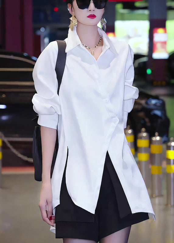 Chic White Asymmetrical Button Cotton Blouses Fall