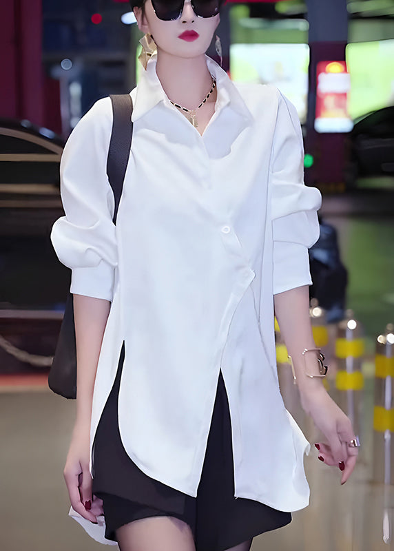 Chic White Asymmetrical Button Cotton Blouses Fall