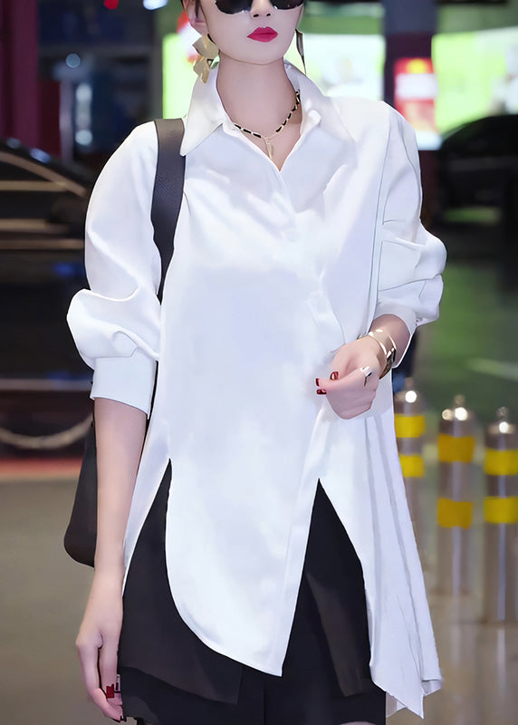 Chic White Asymmetrical Button Cotton Blouses Fall