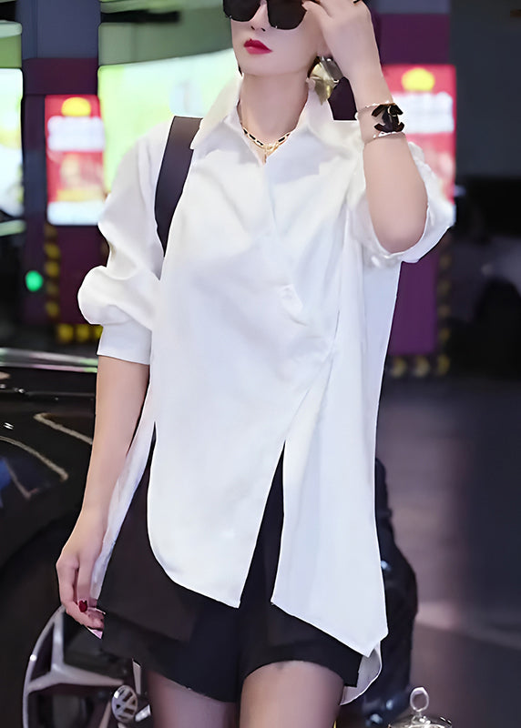 Chic White Asymmetrical Button Cotton Blouses Fall