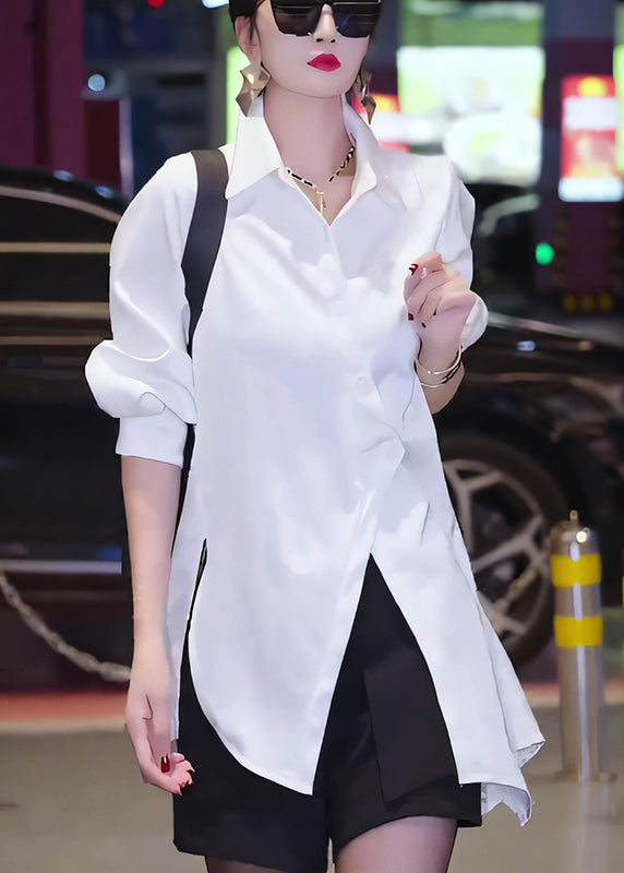 Chic White Asymmetrical Button Cotton Blouses Fall