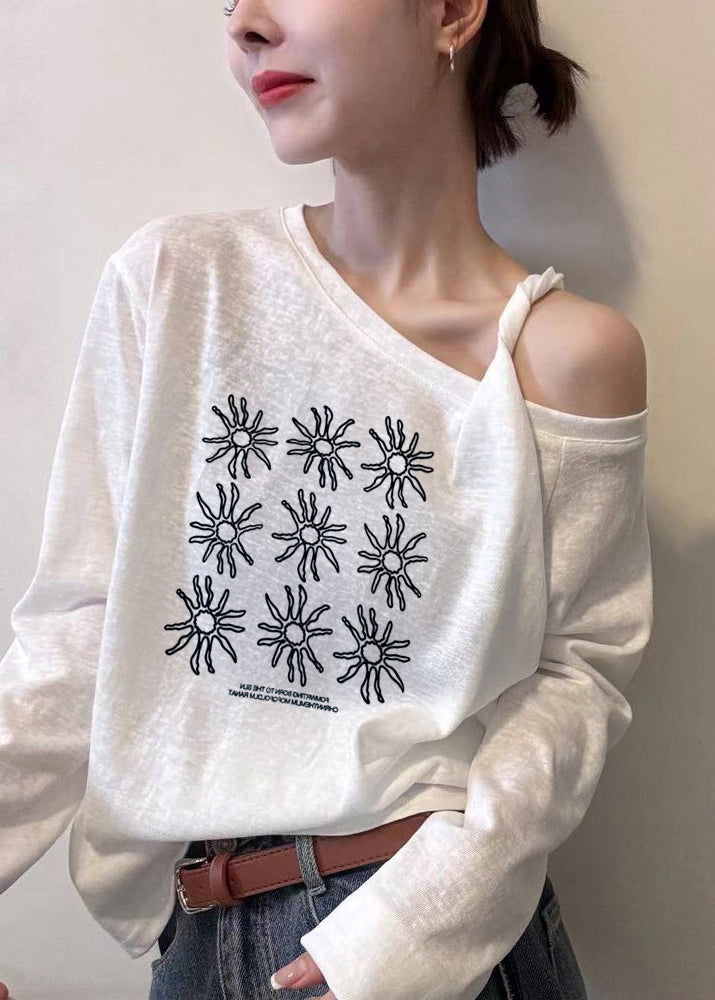 Chic White Asymmetrical One Shoulder Print Top Fall