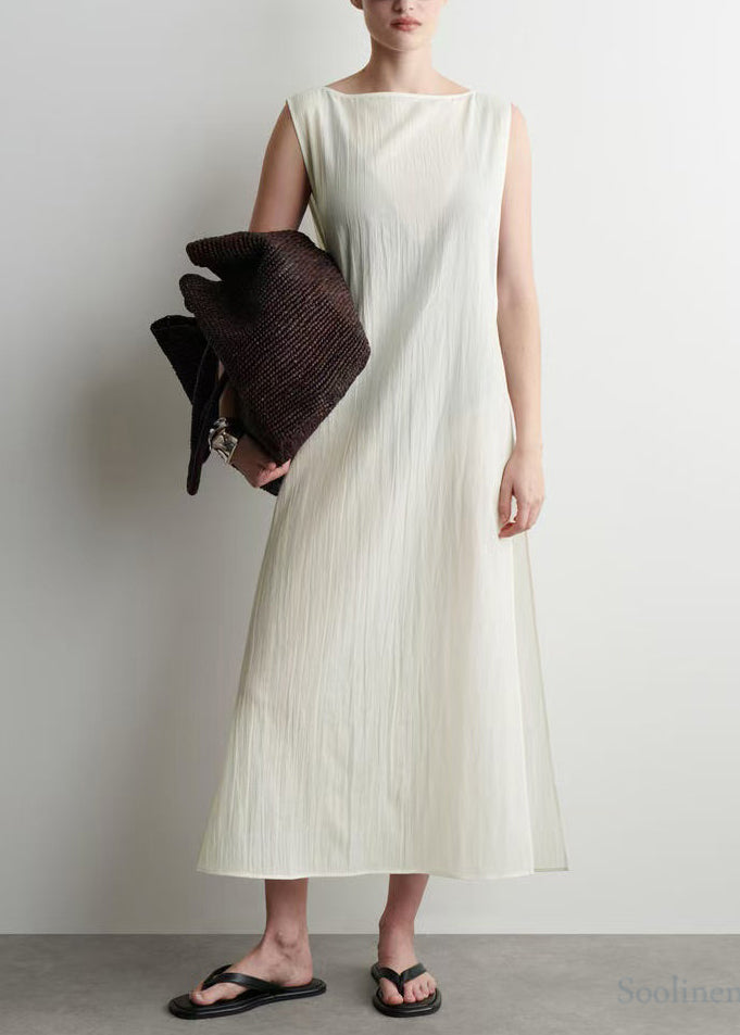 Chic White Backless Side Open Cotton Robe Dresses Sleeveless