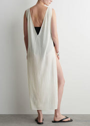 Chic White Backless Side Open Cotton Robe Dresses Sleeveless