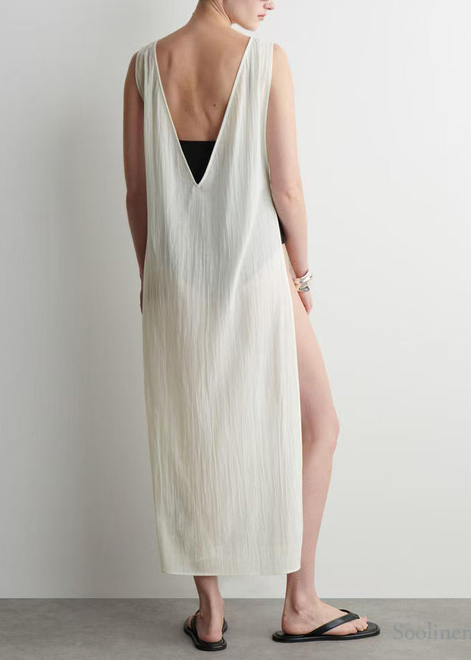 Chic White Backless Side Open Cotton Robe Dresses Sleeveless