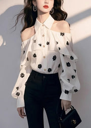Chic White Cold Shoulder Print Chiffon Shirt Fall
