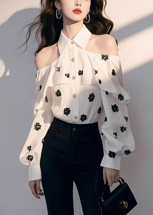 Chic White Cold Shoulder Print Chiffon Shirt Fall