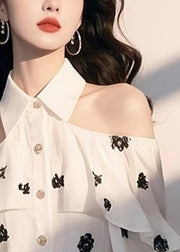 Chic White Cold Shoulder Print Chiffon Shirt Fall