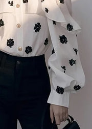 Chic White Cold Shoulder Print Chiffon Shirt Fall