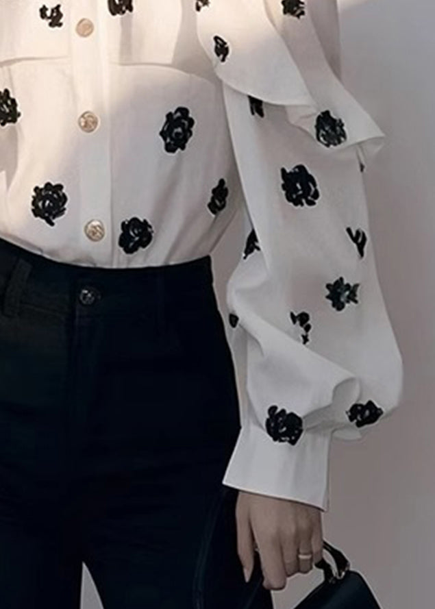 Chic White Cold Shoulder Print Chiffon Shirt Fall