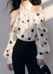 Chic White Cold Shoulder Print Chiffon Shirt Fall