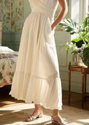 Chic White Exra Large Hem Wrinkled Cotton Cami Dresses Summer