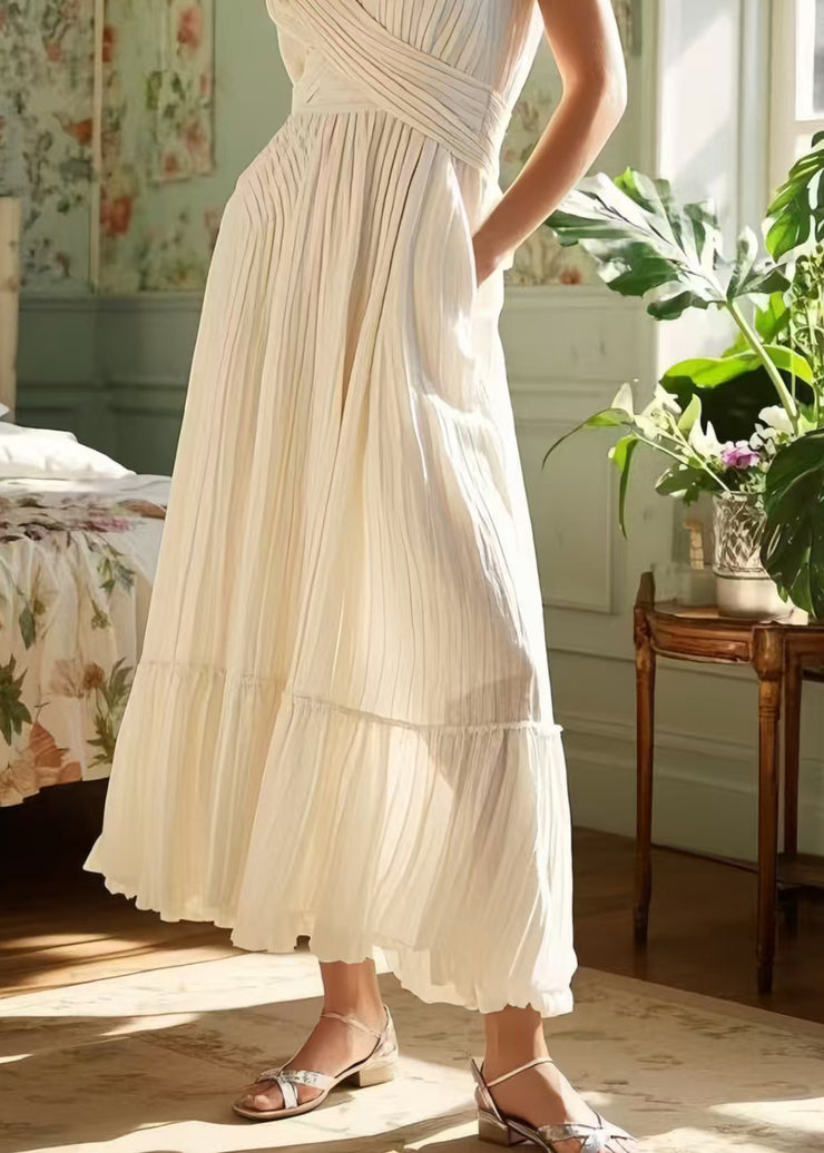Chic White Exra Large Hem Wrinkled Cotton Cami Dresses Summer