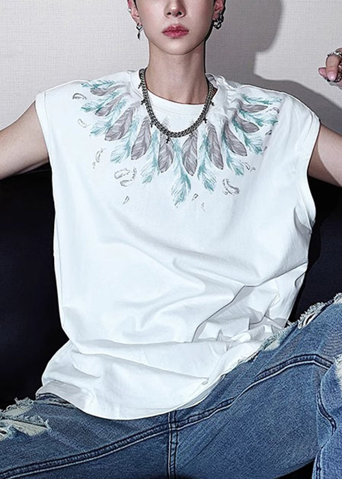 Chic White Feather Print Cotton Mens T Shirt Summer