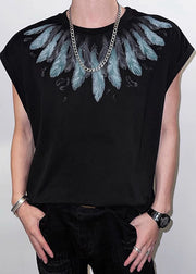 Chic White Feather Print Cotton Mens T Shirt Summer